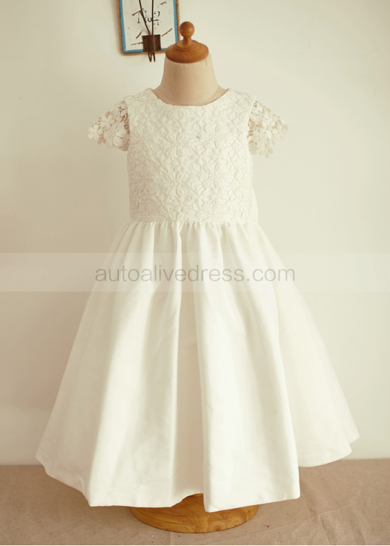 Cap Sleeves Ivory Lace Cotton Tea Length Flower Girl Dress 